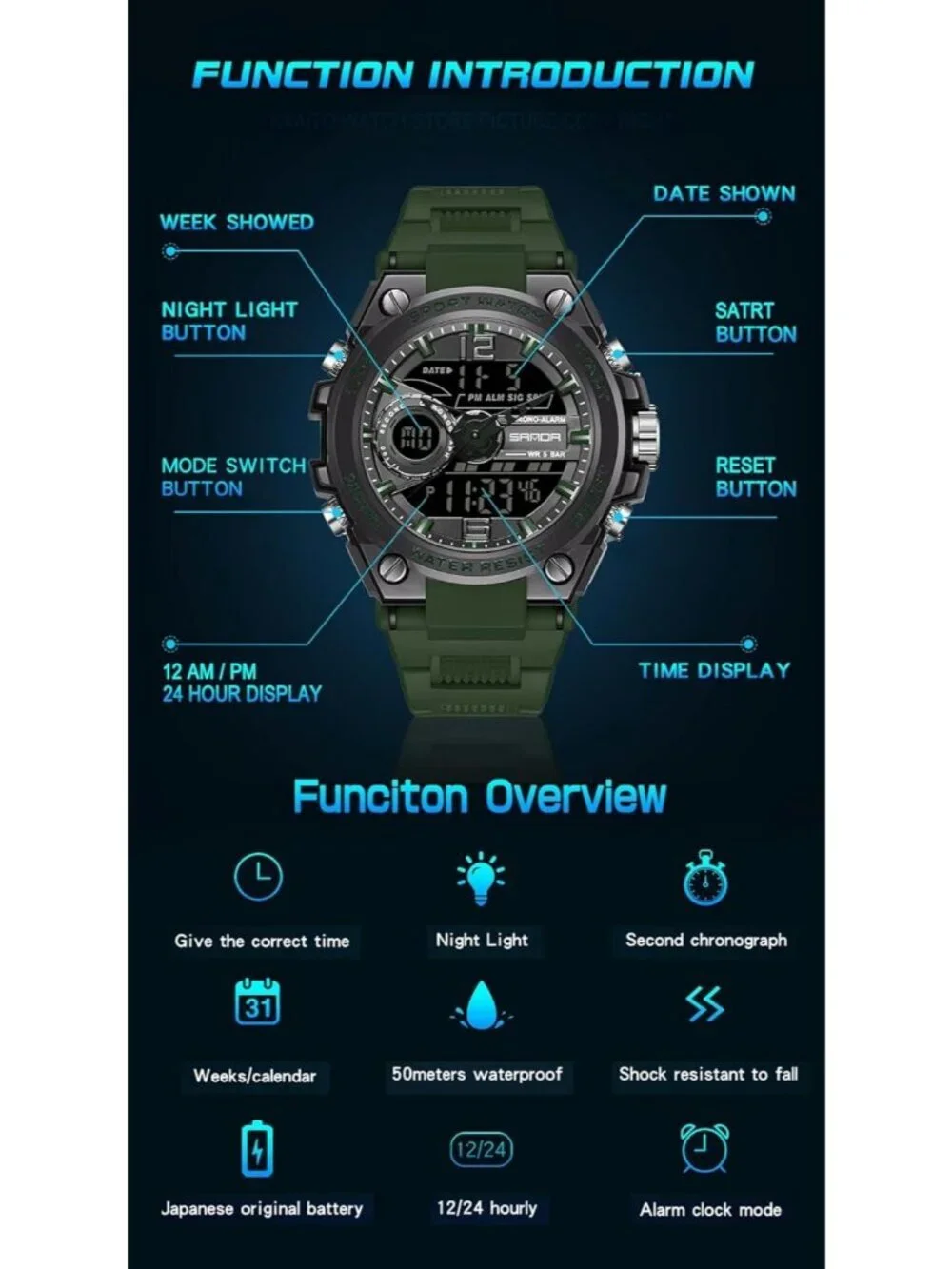 Men's Army Green Analog Quartz Sports Outdoor Waterproof Military Digital Watch